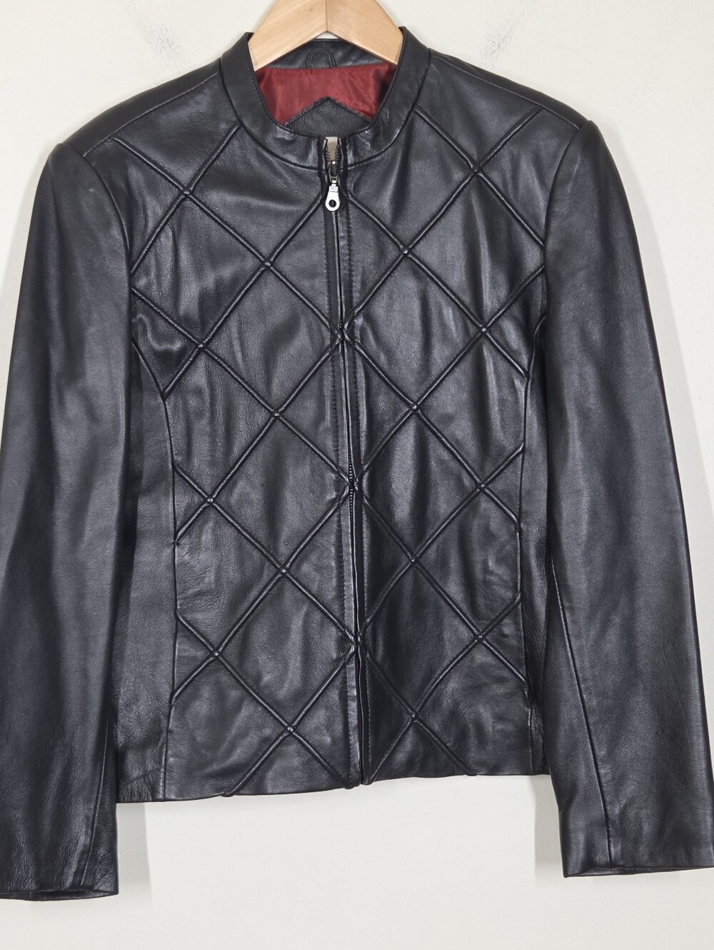 Vtg 90s Studio Works Soft Leather Jacket Full Zip Square Diamond PL Moto Grunge